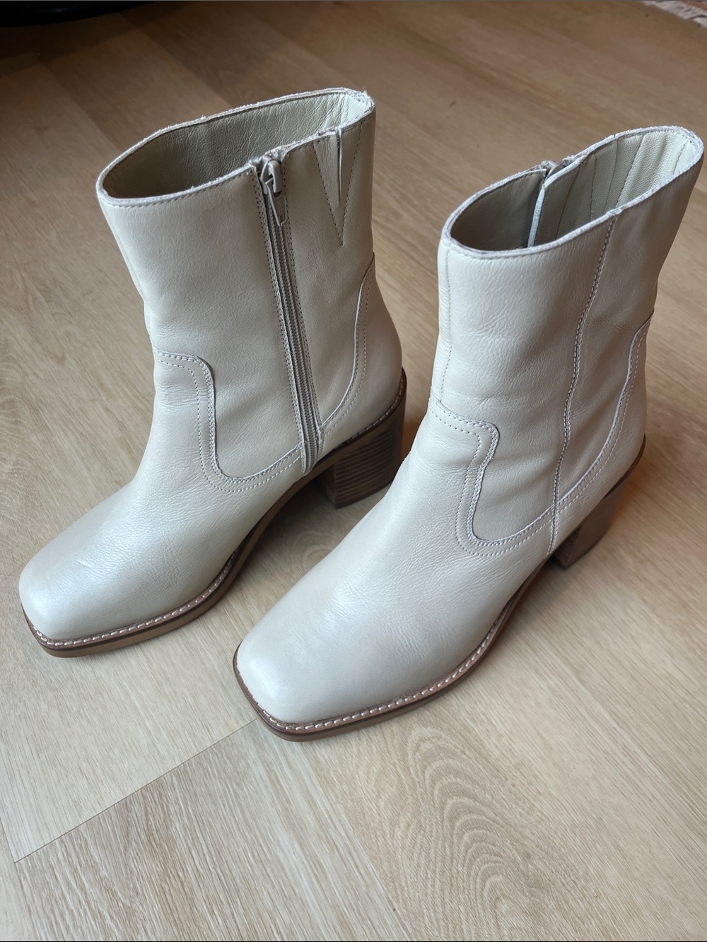 Seychelles Cream Leather Mid-Calf Block Heel Zip Boots